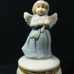 Colectible Porcelain Angel Figurine with flowers gold tone hinged Trinket Box